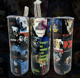 80s Horror Movie 20oz Skinny Tumbler with Lid, Metal Straw, Brush - 1980s Horror- Freddy, Chucky, Jason, Creepshow