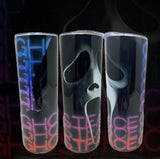 Ghostface Horror Movie Villain from Scream with Neon Letters 20oz Skinny Tumbler with Lid, Metal Straw, Brush