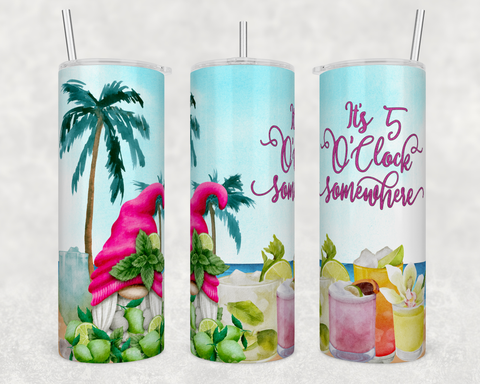 'It's 5 O' Clock Somewhere' Beachfront with Gnome & Drinks 20 Ounce Stainless Steel Tumbler