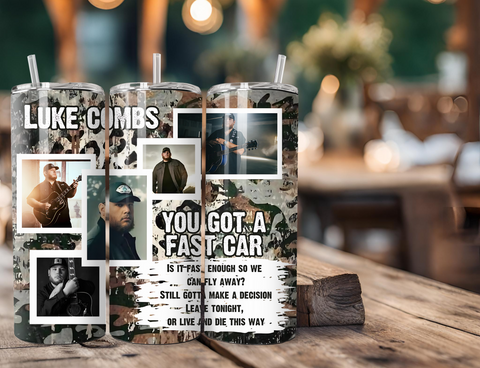 Luke Combs Music 'Fast Car' 20 Ounce Stainless Steel Tumbler with Lid, Straw & Straw Brush