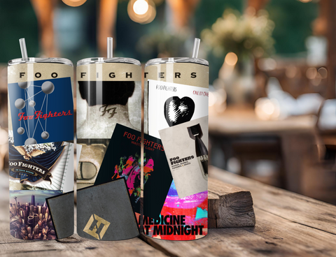 Foo Fighters Album Covers Collage Rock Band 20 Ounce Stainless Steel Tumbler with Lid, Straw & Straw Brush