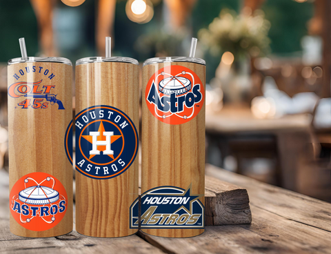 Houston Astros Throwback Logo History with Baseball Bat Background 20 Ounce Stainless Steel Tumbler with Lid, Straw & Straw Brush