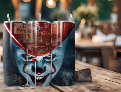 Pennywise from IT with Stephen King Books Filled Balloon 20 Ounce Stainless Steel Tumbler with Lid, Straw & Straw Brush