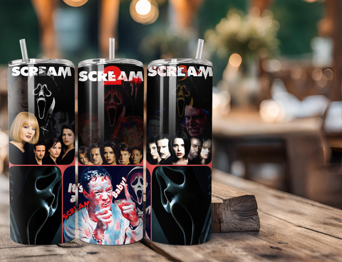 Scream Movies 1-3 Re-imagined Poster Art with Killers Ghostface 20 Ounce Stainless Steel Tumbler with Lid, Straw & Straw Brush