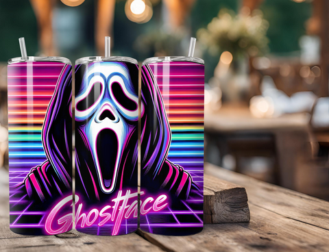 Ghostface from Scream with Neon 80s Look 20 Ounce Stainless Steel Tumbler with Lid, Straw & Straw Brush