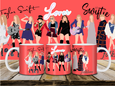 Taylor Swift 'Swiftie' with Coral Background and Eras Tour Outfits 11 Ounce Ceramic Coffee Cup