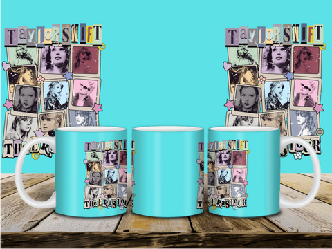 Taylor Swift 'Swiftie' with Blue Background and Eras Tour Faces 11 Ounce Ceramic Coffee Cup