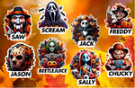 Fall Themed Horror Character Stickers/Decals - Indoor/Outdoor - Holographic Option