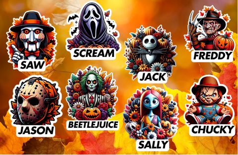 Fall Themed Horror Character Stickers/Decals - Indoor/Outdoor - Holographic Option