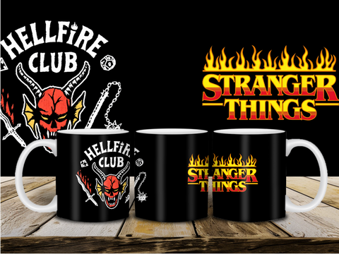 Stranger Things with Flame Logo and Hellfire Club Logo - 11 Ounce Ceramic Coffee Cup