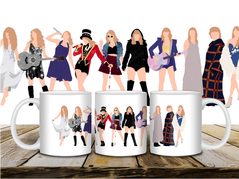 Taylor Swift 'Swiftie' with White Background and Eras Tour Outfits 11 Ounce Ceramic Coffee Cup