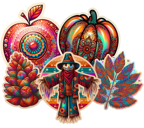 Bohemian Autumn/Fall Holographic Stickers: Scarecrow, Apple, Pumpkin, Pinecone, Leaves (Vinyl, Laminated), Weatherproof/Fade Resistant 5-Pk