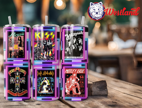 80s Rock Band with Neon Lights Old School Retro Tumbler - Rock & Roll, Hard Rock 20 Ounce Stainless Steel Tumbler