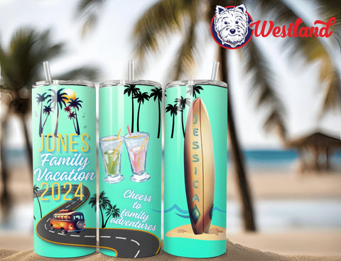Family Trip/Vacation Keepsake 20oz Skinny Tumbler with Lid, Metal Straw, Brush - Personalized with Many Color Options- Beach Trip, Road Trip