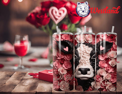 Valentine's Day for Wife/Girlfriend - Cute Cow with Roses - 20 Ounce Stainless Steel Drink Tumbler - with Personalization Option